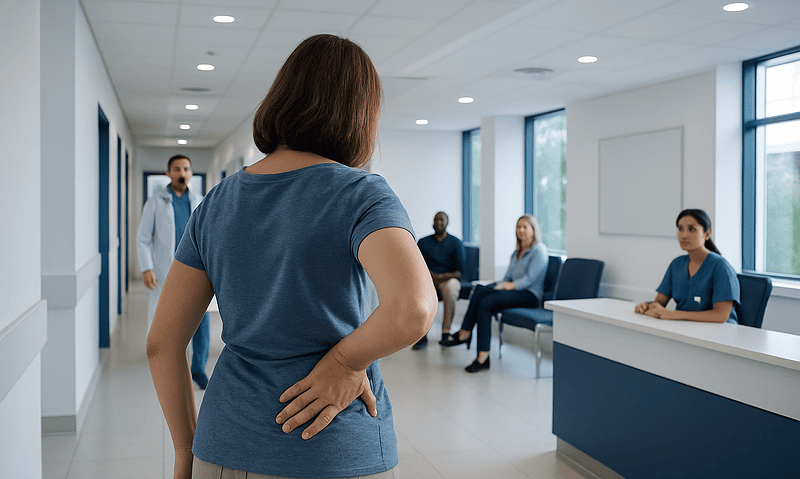 Woman with back pain consulting at a hospital reception area.