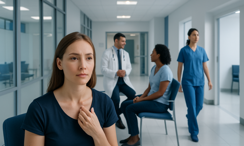 Young woman with clavicle pain at a hospital clinic.
