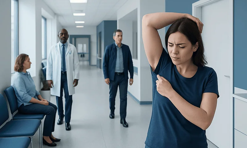 Woman with armpit pain at hospital, healthcare professionals nearby.