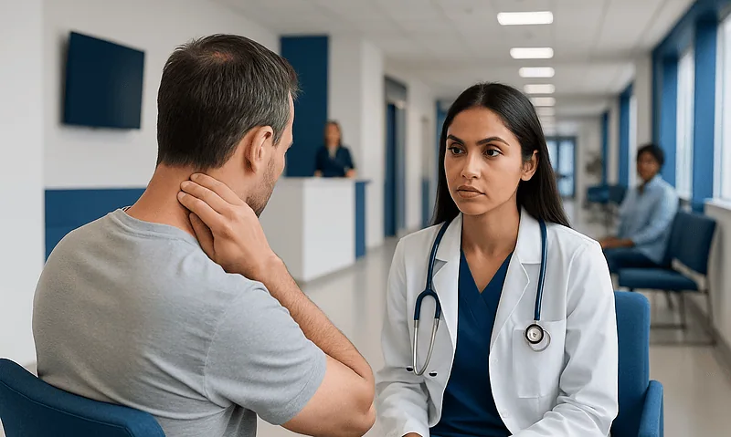 Doctor consulting with a patient in a hospital corridor.