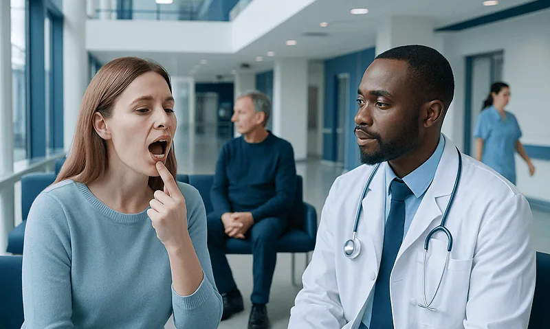 Doctor examines patient's mouth in a hospital setting.
