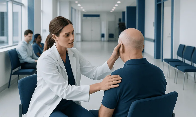 Doctor examining a patient with a lumpy head in a hospital corridor.
