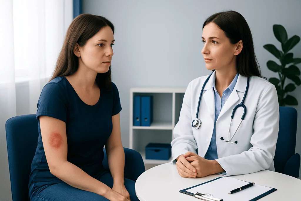Doctor consulting with patient about skin rash in a medical office.
