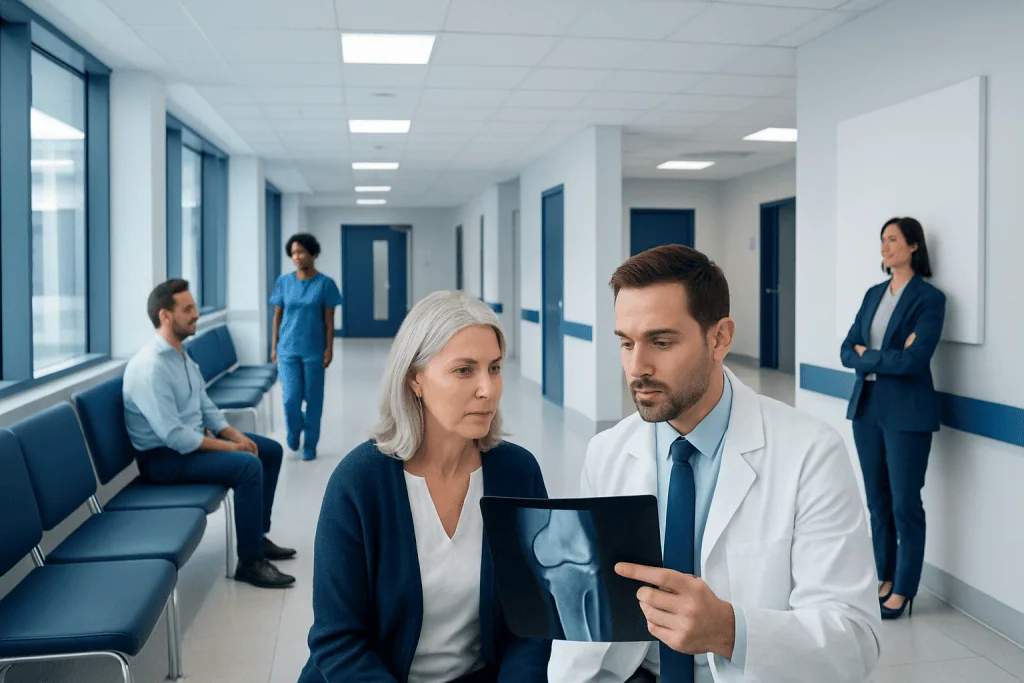 Lytic Lesion — Explained by Medical Evidence, Not Myths 1 Doctor reviews X-ray with a patient in a hospital corridor.