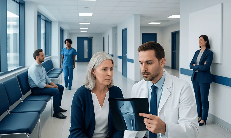 Doctor reviews X-ray with a patient in a hospital corridor.