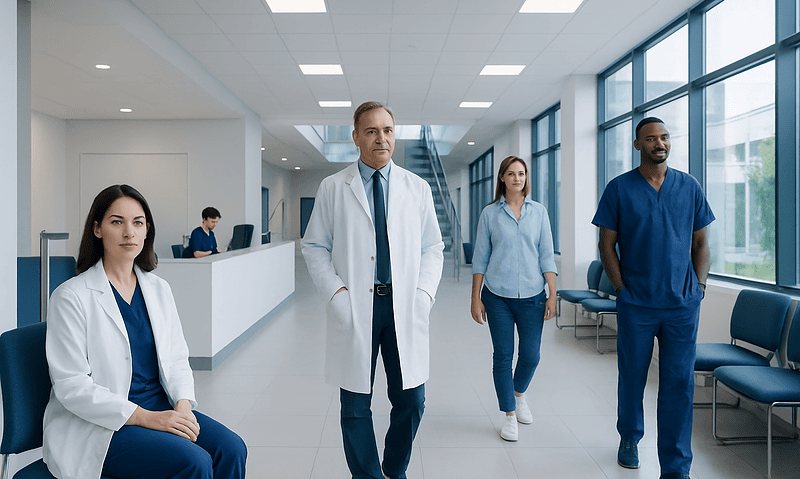 Medical team walking in hospital corridor at Acibadem Hospitals Group.
