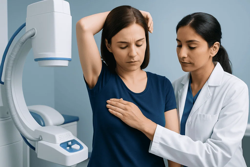 Woman with armpit pain during medical examination at Acibadem Hospital.