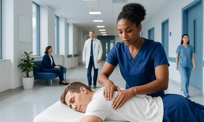 Nurse providing back massage to patient in hospital corridor.