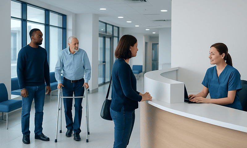 Patients checking in at a hospital reception desk with staff assistance.