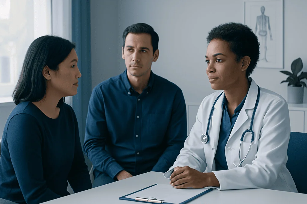 Medical interpreter consulting with patients and doctor in a hospital setting.