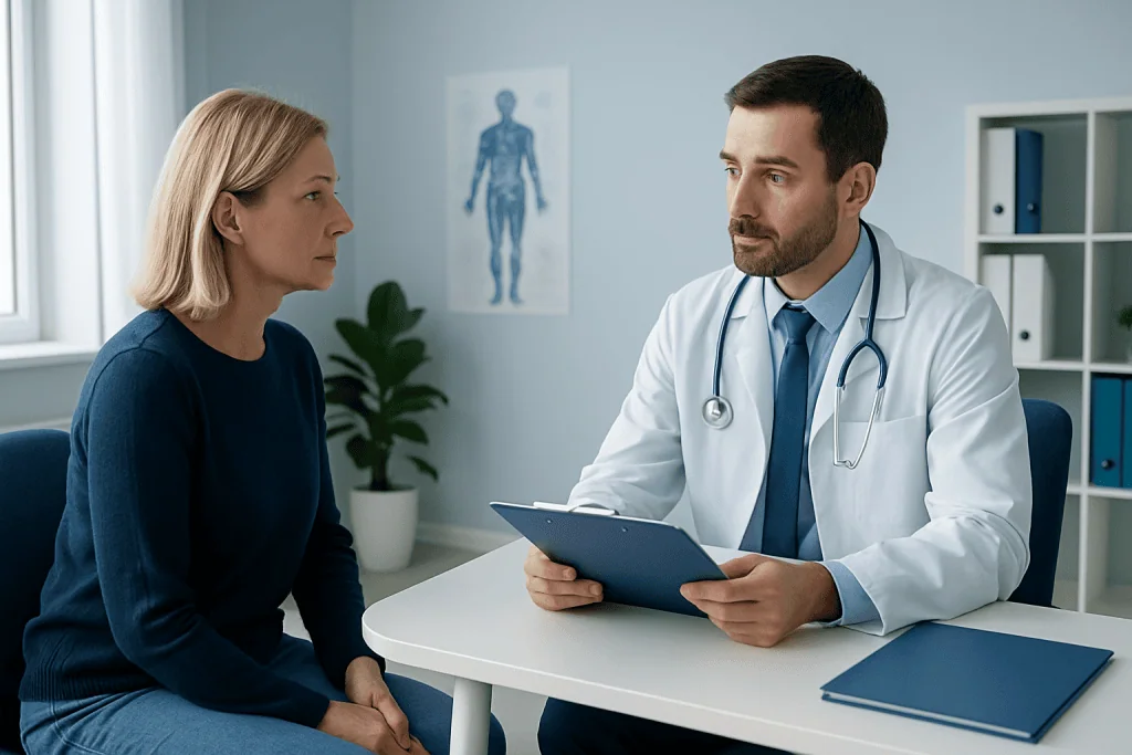 Doctor consulting with a female patient in a medical office setting.