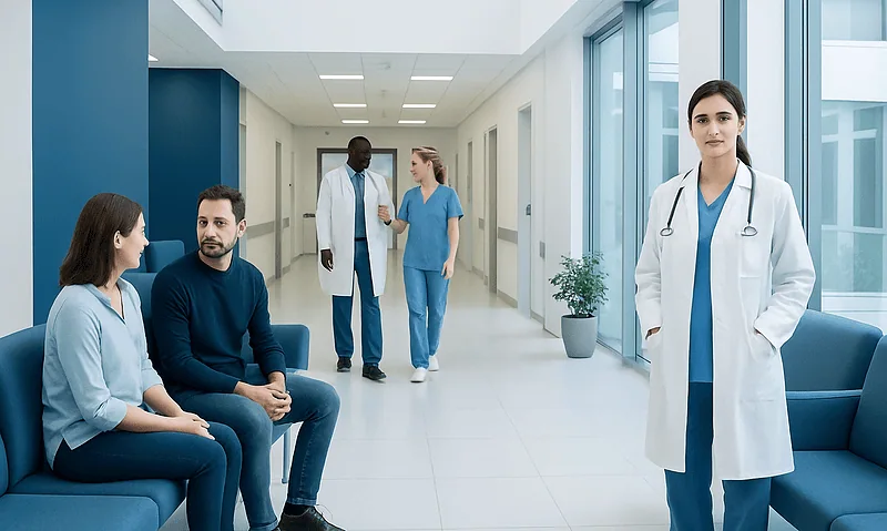 Medical professionals and patients in a modern hospital corridor.