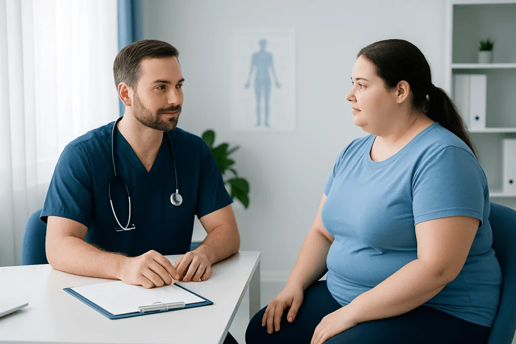 Doctor consulting with a patient about weight loss and health strategies.
