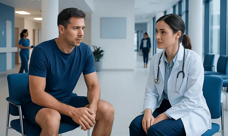 Doctor consulting with male patient in hospital corridor.