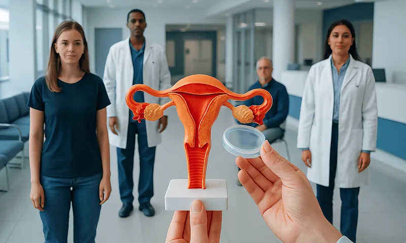 Medical demonstration of female reproductive system with doctors and patient.