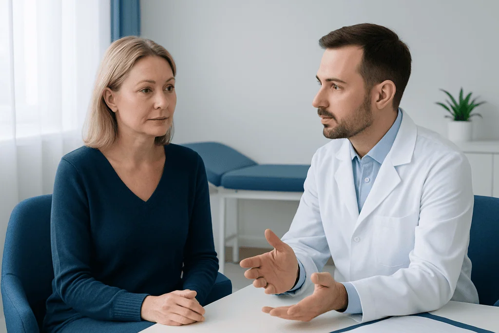 Doctor consulting with middle-aged woman in a medical office.