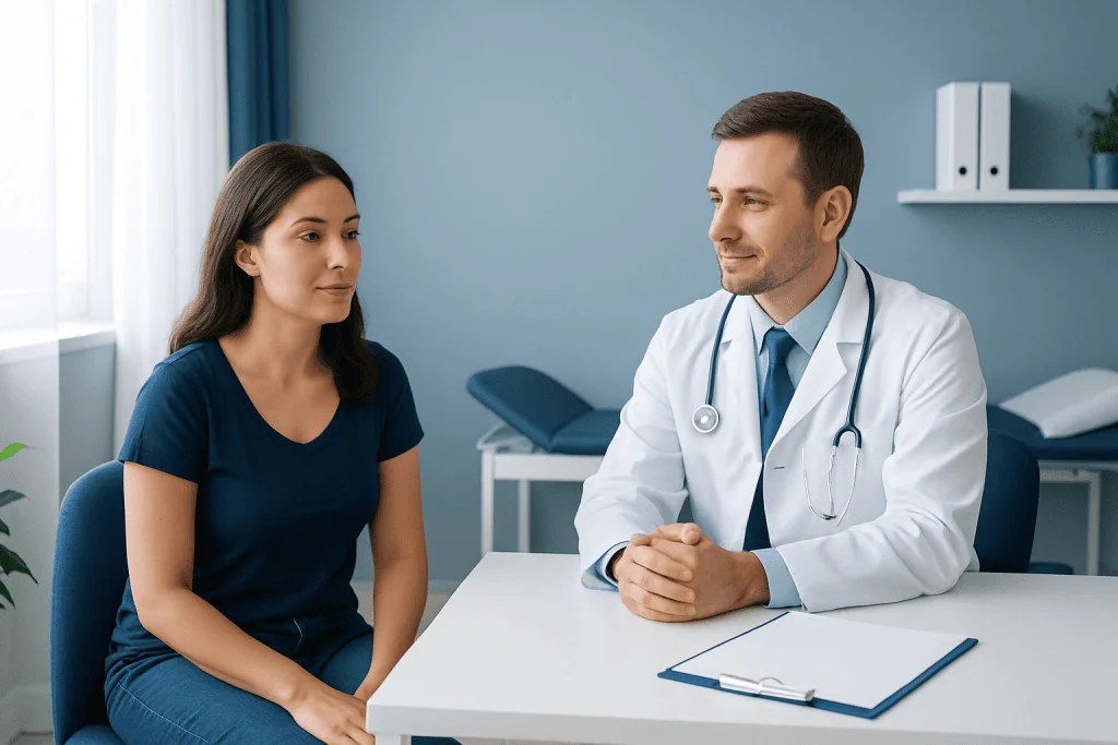 Doctor consulting with a patient in a modern medical office.