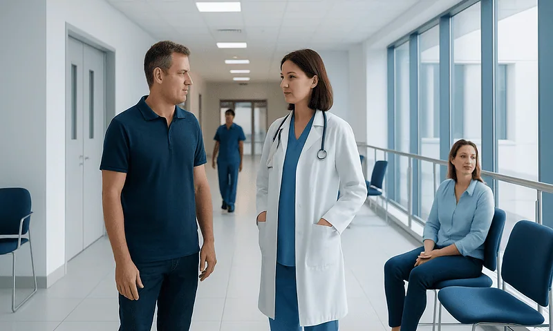 Doctor consulting a patient in a hospital corridor with waiting area.