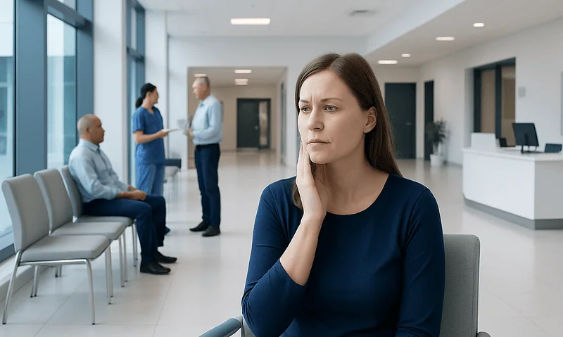 Woman experiencing jaw pain in a hospital waiting area.