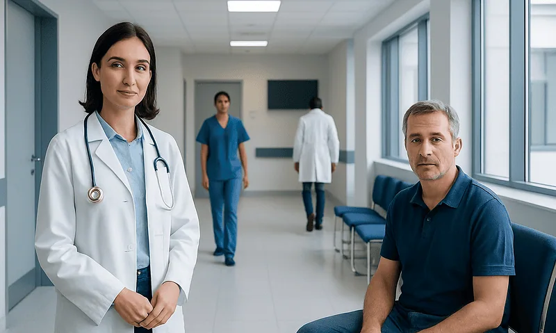 Medical professionals and patient in a hospital corridor at Acibadem Hospitals Group.