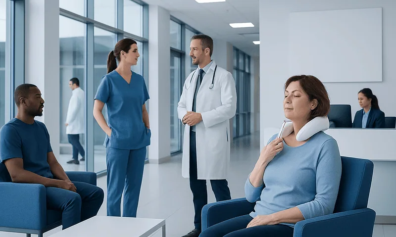Patient with neck pain receives medical consultation at hospital.