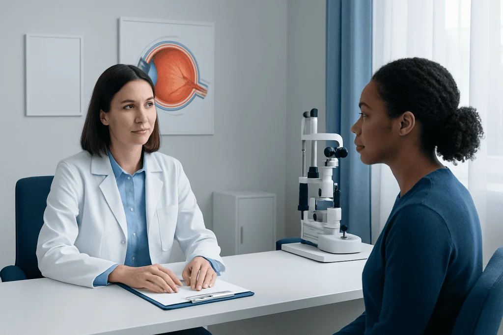 Ophthalmologist consulting a patient in a medical office.