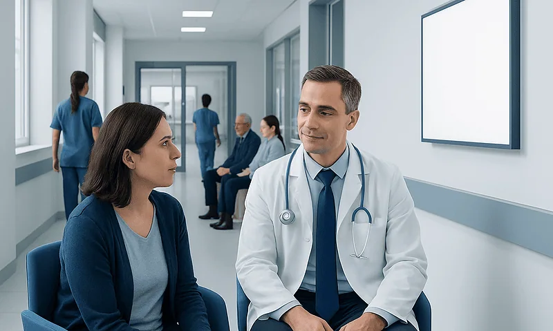 Doctor consulting a patient in a hospital corridor with other patients in the background.