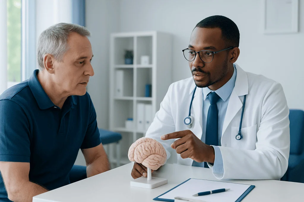 Neurologist explains brain health to patient in a medical consultation.