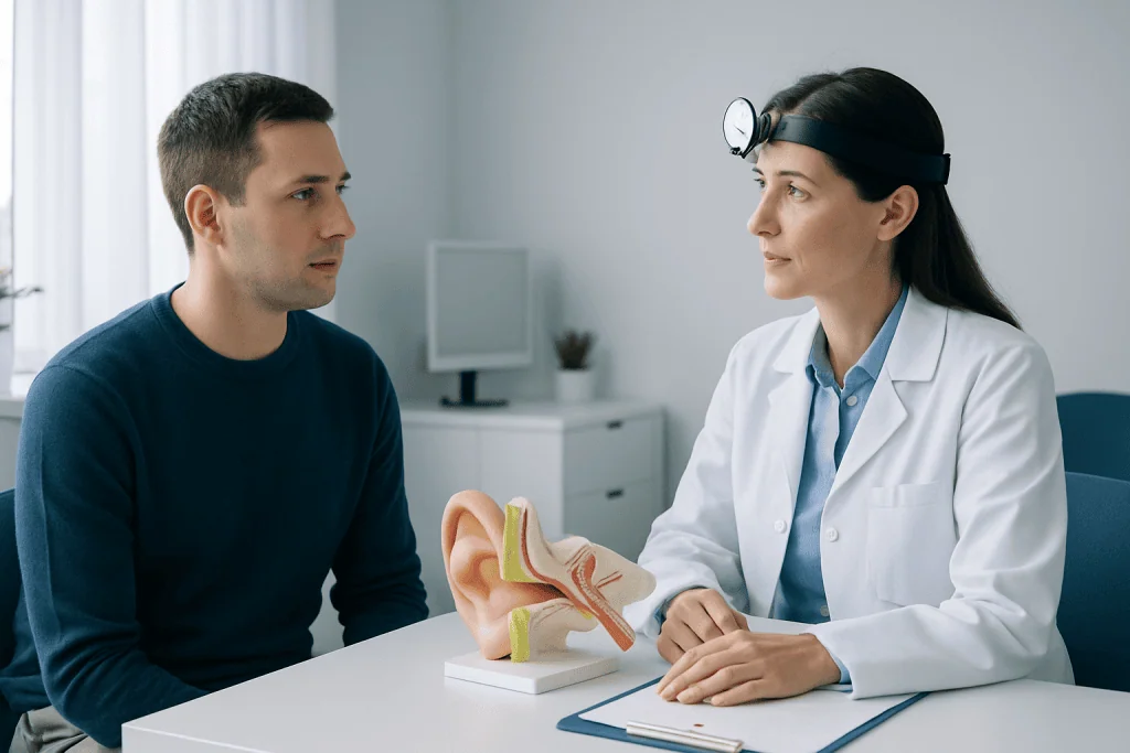 Otologist explaining ear anatomy to patient in a medical consultation.