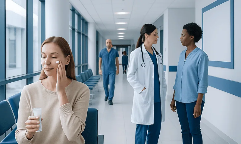 Patient applying moisturizer in hospital corridor with medical staff nearby.