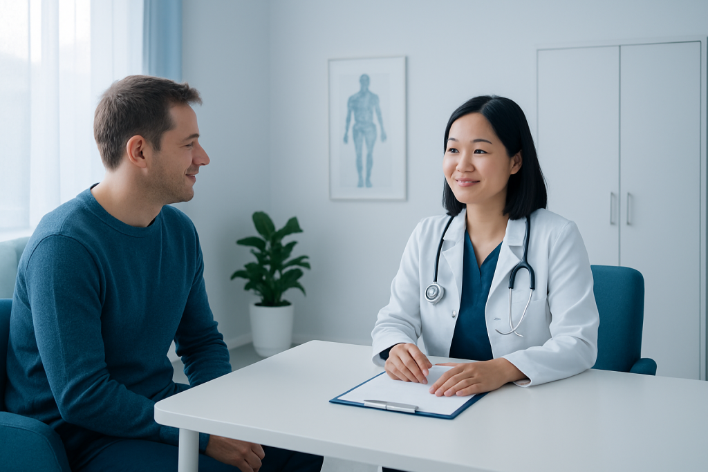 Doctor consulting with a patient in a modern medical office.