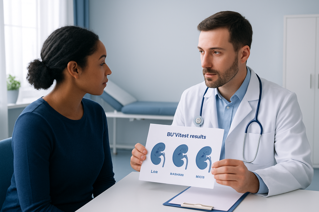 Doctor explaining BUN test results to a patient in a medical consultation.