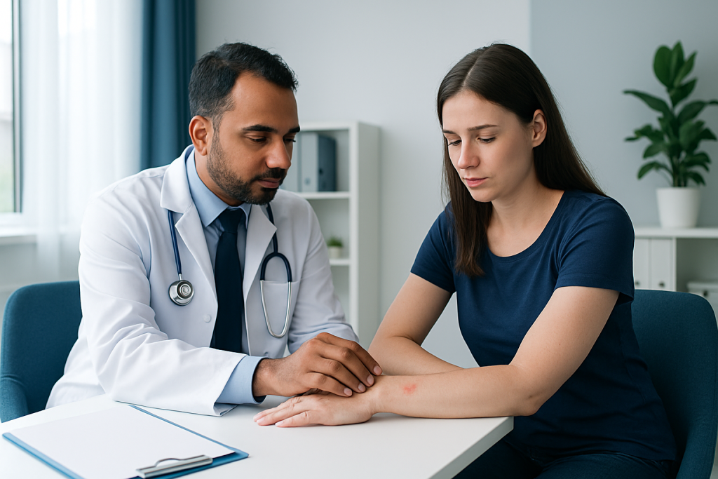 Doctor examining a woman's arm for mosquito bites in a clinical setting.