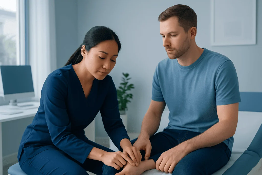 Medical professional checks dorsalis pedis pulse on patient in clinic.