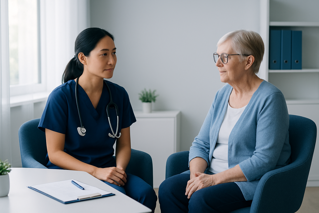 Nurse consulting with elderly woman in a medical office setting.
