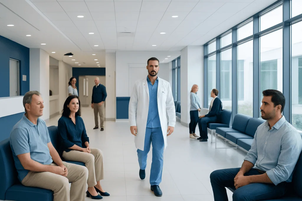 One-Day Evaluation in Turkey: What Can Be Done in a Single Hospital Visit 1 Doctor walking in hospital waiting area with patients seated.