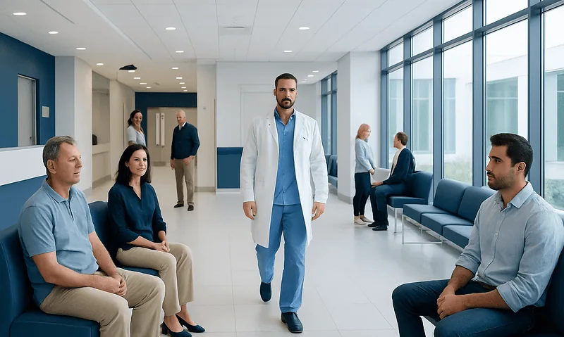 Doctor walking in hospital waiting area with patients seated.