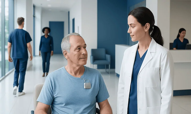 Patient consulting with doctor in hospital corridor.