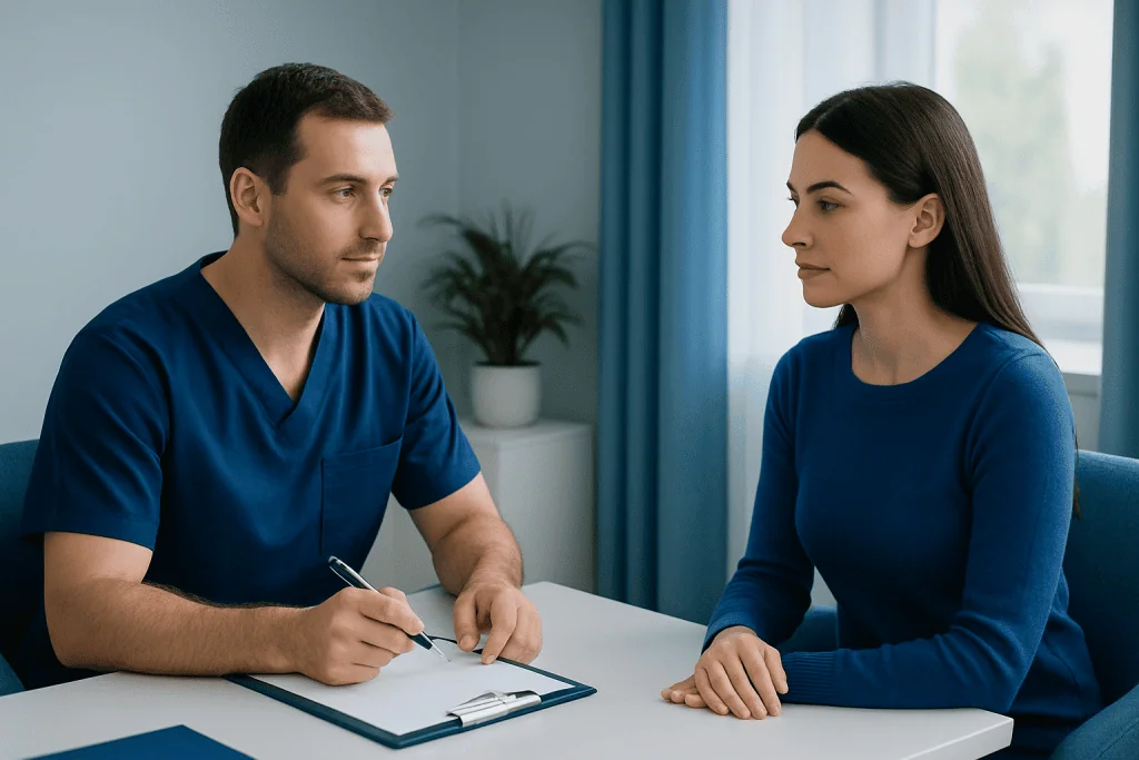 Doctor consulting with a female patient in a medical office.