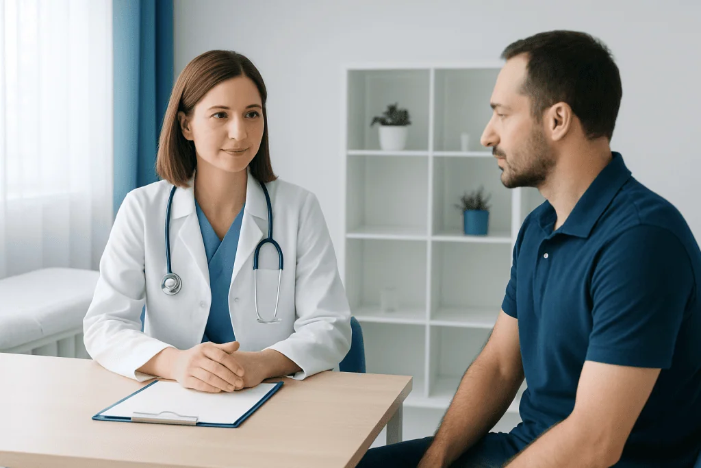 Doctor consulting patient in a modern medical office setting.