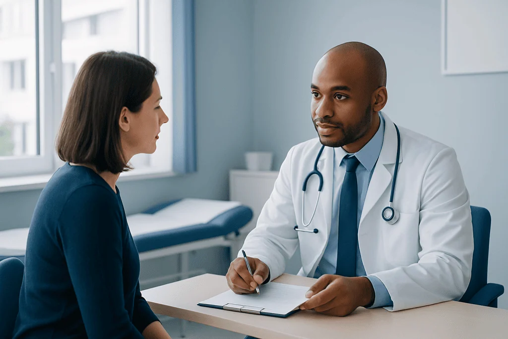 Doctor consulting with a patient in a modern medical office.
