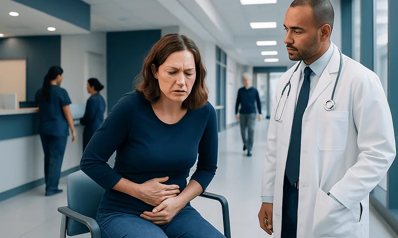 Woman experiencing stomach pain in hospital with doctor nearby.