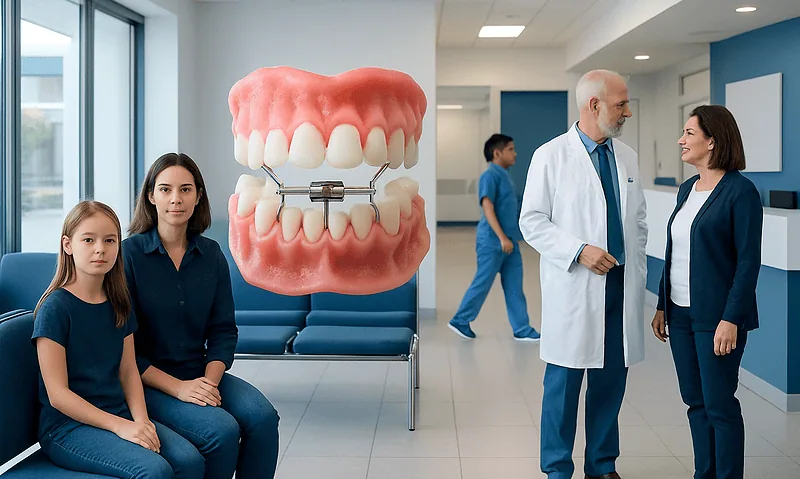 Dental consultation with a large palate expander model in a modern clinic.
