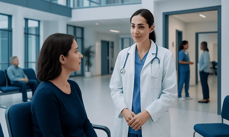 Pap Smear — Explained by Medical Evidence, Not Myths 14 Doctor consulting a patient in a modern hospital lobby.