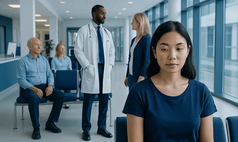 Young woman waiting in a hospital corridor with medical staff and patients.