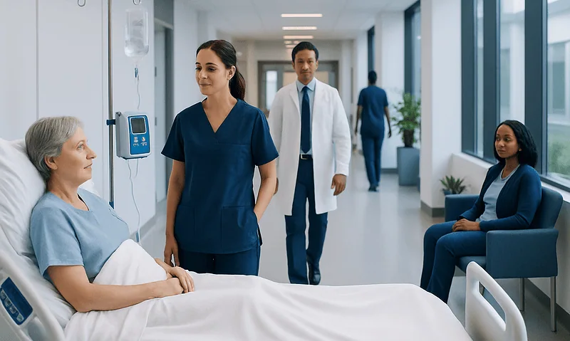 Hospital staff attending to a patient in a modern medical facility.