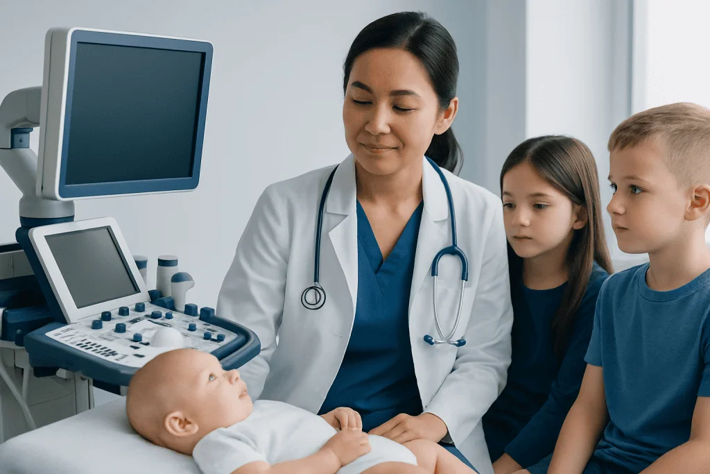 Pediatrician examining a baby with two children in a hospital room.