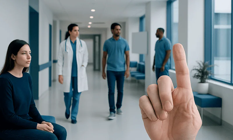 Patient waiting in hospital corridor with medical staff nearby.
