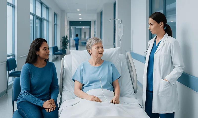 Hospital scene with patient, visitor, and nurse in a modern corridor.