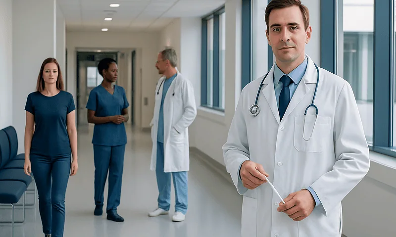 Medical team in hospital corridor with doctor in foreground.